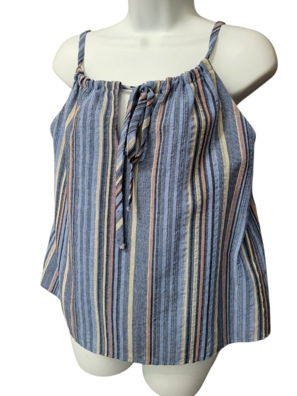 Everly Womens  Tank Blouse Size S Tank Shirt Blue Stripe Lined Strappy Keyhole - Picture 11 of 16